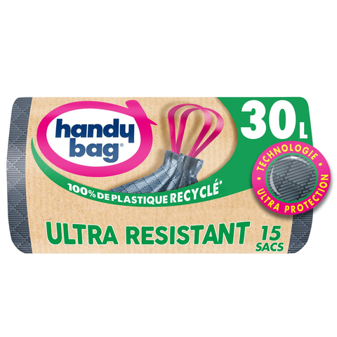 Sacs Poubelle Handy Bag Ultra-Résistants à Poignée Coulissante, 30 L, Indéchirables & Étanches, 55 x 63 cm, 15 Sacs