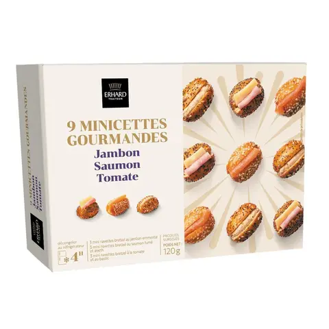 ERHARD Lot de 9 mini navettes bretzel garnies jambon/saumon/tomate - 120 g