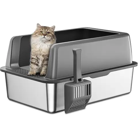 VVM Stainless Steel Litter Box with Lid, Extra Large Cat Litter Boxes, XL Large Metal Litter Box for Big Cats with High Sided, Black (Non-Sticky, Easy to Clean, Anti-Urine Leakage)