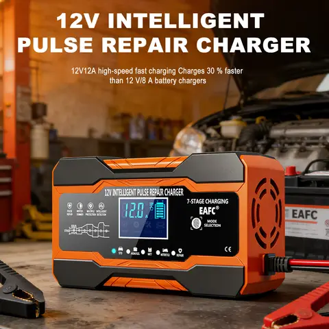 EAFC Car Battery Charger 12A 12V 180W Fully Automatic Digital Car Battery Charger Pulse Repair with Output Short Circuit Protection for AGM GEL WET Lead Acid LCD Battery Maintainer Trickl
