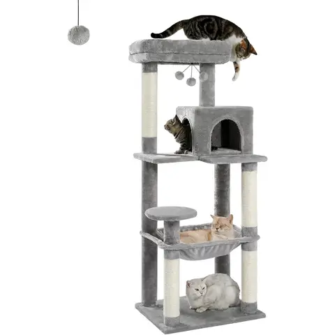 PAWZ Road Luxuriöse Katzenstange, großer Katzenspielturm Aktivitätszentrum, stabiler Katzenstange mit Hängematte und schöner Katzenhaus, Grau 143 cm