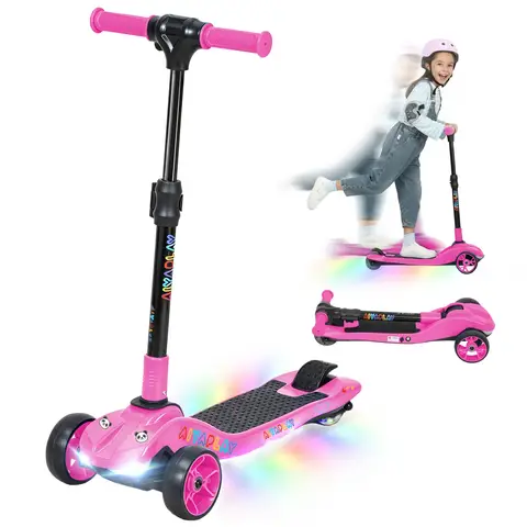 AIYAPLAY Electric Scooter for Kids, 3 Wheel Foldable Kids Scooter for Age 6-10 with 4 Levels Adjustable Height, LED Pink