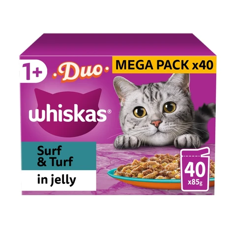 Whiskas 1+ Duo Surf and Turf Adult Wet Cat Food Pouches in Jelly 40 x 85g