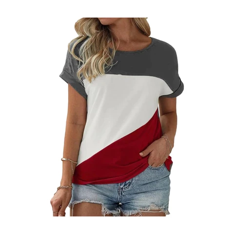 Women's Color Block Short Sleeve Tops Casual Summer T-Shirt (Red， XXL)