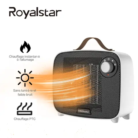 Chauffe-eau Royalstar Haute Efficacité Économie d'Énergie Mini Chauffe-eau, Chauffage à trois vitesses, grand volume d'air, adapté aux salles de bain, trois réglages de chauffage, 1500W Haute puissance