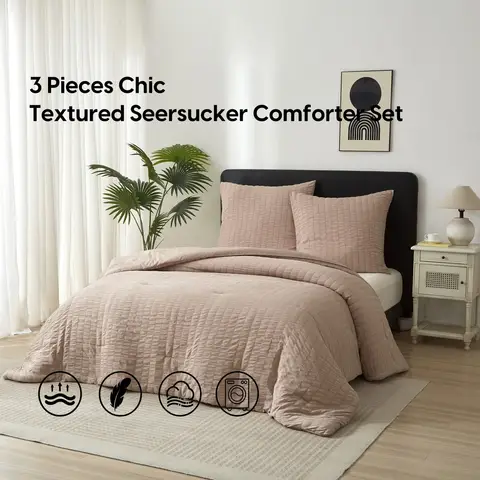 Meeallhome  Comforter Set  Seersucker Textured  Bedding set 230*220cm/50*75cm*2  khaki
