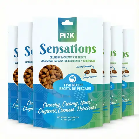 PINK Crunchy Cat Treats (6 Packs × 100g), Salmon Flavor, Cat Biscuits – Cat Crispies Treats, Dual-Texture Biscuits with Crispy Shell & Mousse-Meat Filling, 24.72% High Protein– Trusted Canadian Pet Brand