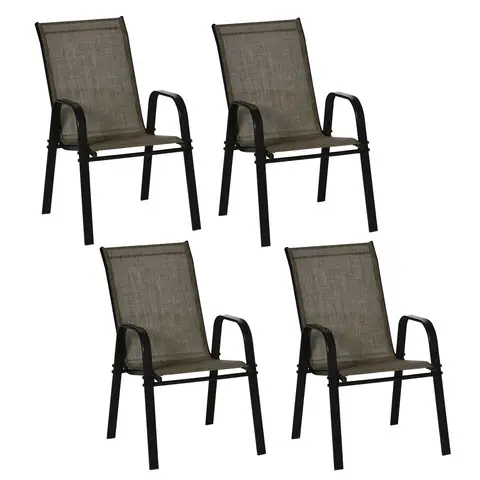 Outsunny 4 Pieces Garden Chairs, Stackable Outdoor Chairs with High Backrest and Armrest, Breathable Mesh Fabric Dining Chair Set of 4, Mixed Brown