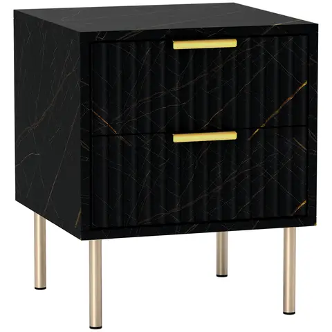 HOMCOM Marble Pattern Bedside Table, Fluted Bedside Cabinet with 2 Drawers, Side End Table with Steel Legs for Bedroom, Black