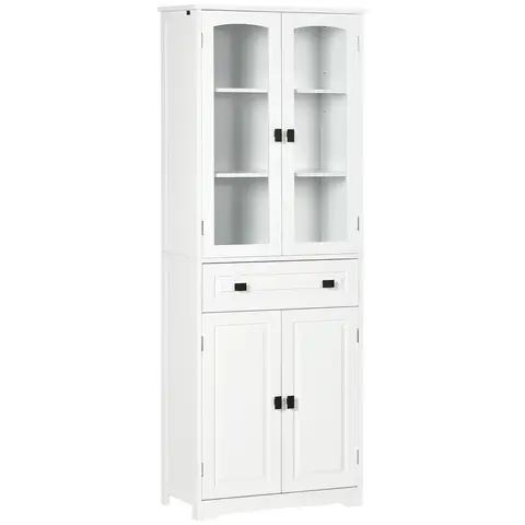HOMCOM Kitchen Cupboard, Freestanding Storage Cabinet with 2 Adjustable Shelves, Drawer and Glass Door for Living Room, Dining Room, 160cm, White