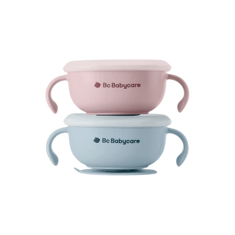 Bol à Ventouse avec Paille Bc Babycare, Sans BPA - Rose + Bleu