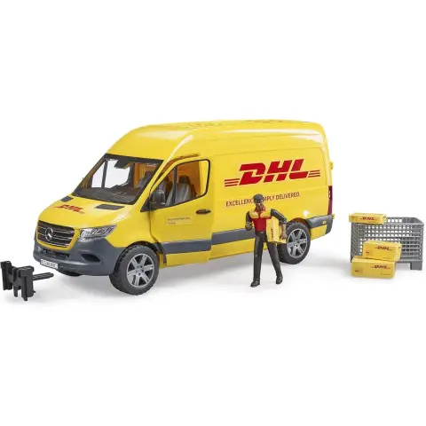 bruder 02671 - MB Sprinter DHL mit Fahrer inkl. Gitterbox mit Versandpaketen - 1:16 Versand & Logistik Fahrzeug Transporter Paket-Dienst Lieferwagen
