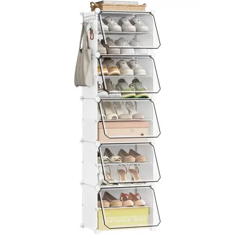 eSituro Stapelbares Schuhregal, Modulares DIY Aufbewahrungsregal mit 12 Fächern, mit Türen und Haken, für 12 Paar Schuhe, PP-Platten, mit Hammer, Schwarz