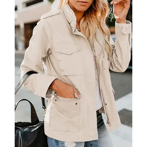 Women Military Anorak Jackets Zip Up Snap Buttons Parka Safari Utility Coats Outwear with Pocket (lightkhaki, M)