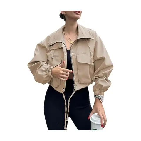 Women's Cropped Jacket Zip Up Lightweight Oversized Utility Anorak Coat with Pockets (khaki, M)