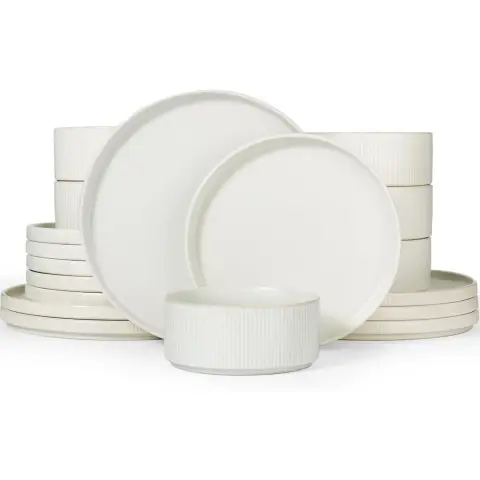 Richmount Starlight Serie Geschirr-Set - 18-teilig, für 6 Personen, Keramik, mit Servierplatten, Salattellern und Müslischalen, spülmaschinen- und mikrowellensicher, mattweiß
