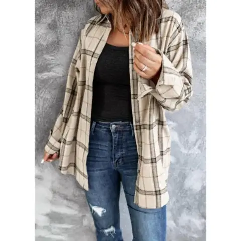 Women's Long Sleeve Plaid Shirts Flannel Collared Button Down Shacket Casual Rolled Up Boyfriend Blouse Tops (beige, M)