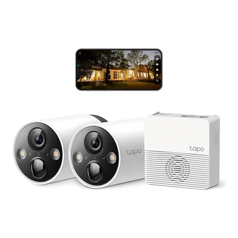 TP-Link Tapo C420S2 kabelloses Outdoor-Sicherheitskamerasystem, 2er-Kit, 2K QHD, batteriebetrieben, Farb-Nachtsicht, KI-Erkennung, Hub enthalten, IP65