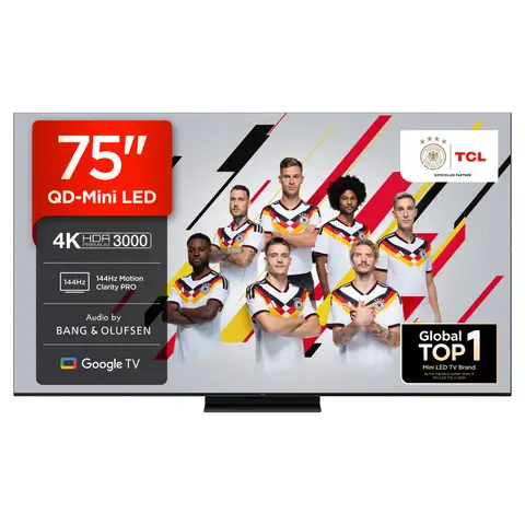 TCL 75Q7C QLED Mini LED Fernseher, 75 Zoll, 4K HDR Premium, Dolby Vision IQ & Atmos, Smart TV mit Google TV, Bang & Olufsen 6.2.2 Sound, 144Hz VRR, AMD FreeSync Premium Pro, HDMI 2.1, AirPlay 2, Alexa, IMAX Enhanced