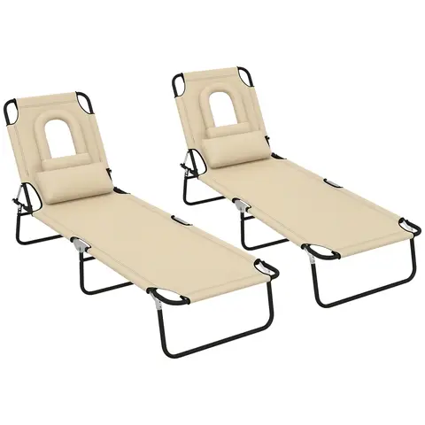 Outsunny Folding Sun Loungers Set of 2 with Face Hole, 4-Position Adjustable Backrest Garden Recliner Chairs Sunbeds, Outdoor