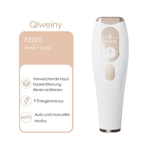 Qiweiny FZ-200 A Professioneller IPL-Haarentferner – 9 Intensitätsstufen mit 3,0-Rotlichttechnologie, dauerhafte schmerzfreie Laser-Haarentfernung für Ganzkörper- und Gesichtsanwendung, für Männer/Frauen