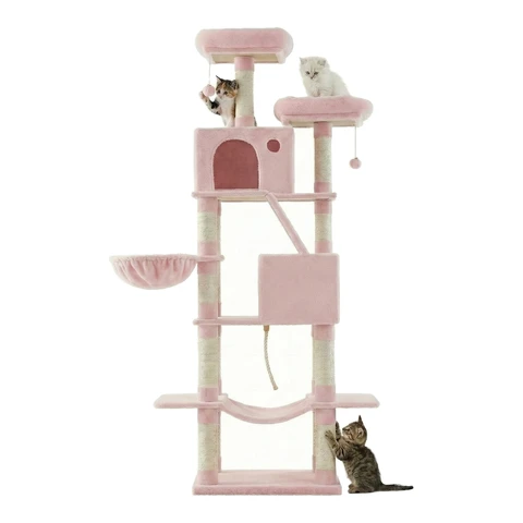 Arbre à chat hauteur 206 cm avec 13 griffoirs, 2 plateformes, 2 niches et panier, hamac, pompon - Rose bonbon