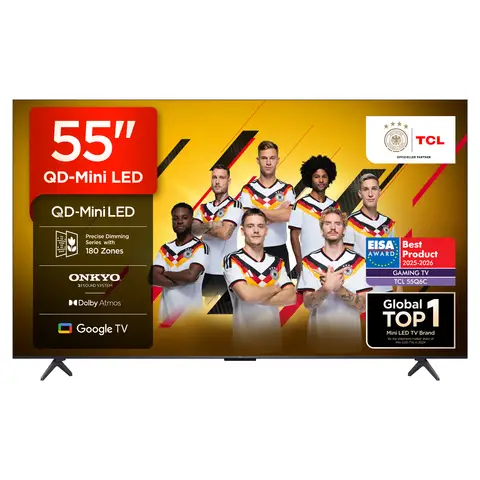 TCL 55Q6C QLED Mini LED Fernseher, 55 Zoll, 4K HDR Premium, Dolby Vision IQ & Atmos, Onkyo 2.1 Sound, Smart TV mit Google TV, Game master, 144Hz Motion Clarity Pro, AMD FreeSync Premium Pro, HDMI 2.1, AirPlay 2, Google Assistant & Alexa