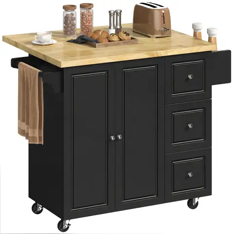 HOMCOM Kitchen Island on Wheels, Wooden Rolling Kitchen Storage Trolley with Drop Leaf, Rubber Wood Top, Drawers, Adjustable 