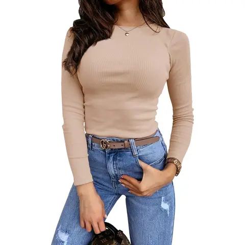 Women's Long Sleeve Stretch Slim Fitted Ribbed T-Shirt Blouse Cut Out Solid Basic Tops (apricot, M)