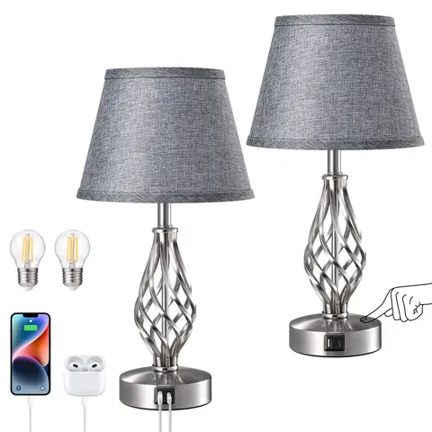 Dewenwils LED-Nachttischlampe, 2er-Set, Touch-dimmbar, 2 USB-Ladeanschlüsse, moderne Lampe für Schlafzimmer & Wohnzimmer, grauer Leinen-Lampenschirm