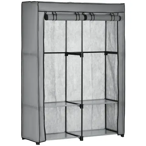 HOMCOM Kleiderschrank Stoffschrank mit 2 Kleiderstangen, 4 Einlegeböden und Reißverschluss, Faltschrank Stoffkleiderschrank für Schlafzimmer, Ankleidezimmer, 118 x 49 x 170 cm, Hellgrau