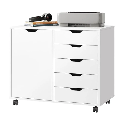 DEVAISE Mobile File Cabinet with 5 Drawers, Printer Stand with Wheels and Door for Home Office Storage, Stylish and Functional Design, White