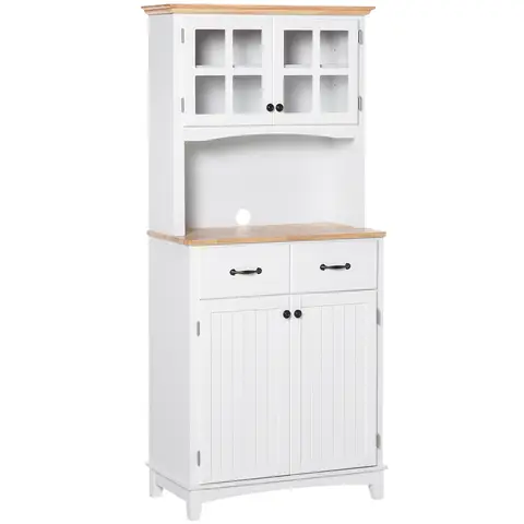 HOMCOM Freestanding Kitchen Cupboard, Kitchen Storage Cabinet with Framed Glass Doors, 2 Drawers, Microwave Counter, 172cm, White