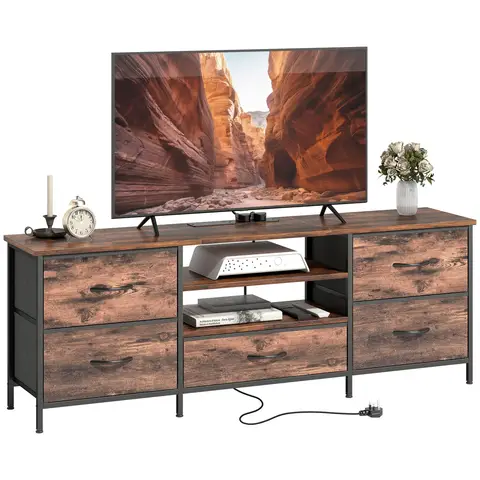 HOMCOM TV Stand for Television up to 65 Inch, Industrial TV Unit with Charging Station, 5 Drawers and Open Shelves, Entertainment Center for Living Room, Rustic Brown