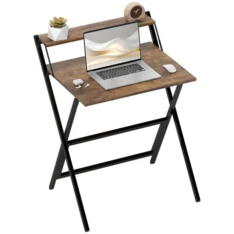 HOMCOM Folding Desk with Monitor Shelf, 70 cm Foldable Computer Desk for Small Spaces, Space Saving Writing Table Workstation for Home Office, Study, Easy Assembly, Rustic Brown