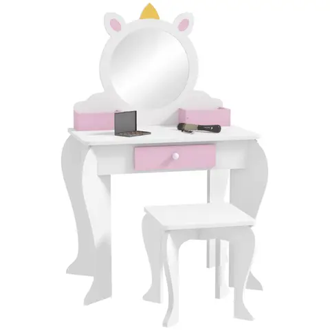 ZONEKIZ Kids Dressing Table with Mirror and Stool , Kids Vanity Table Girls Dressing Table with Drawer, Storage Boxes, Unicorn Design, for Ages 3-6 Years - White and Pink