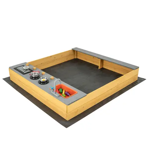 Costway Bac à sable en bois pour enfants avec ensemble de jouets de cuisine et doublure