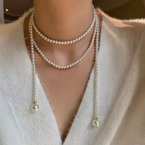 VoxorAI XL02 Halskette, Perlenkette, Vielseitige und elegante Perlenkette mit mehreren Tragemöglichkeiten, ca. 130 cm lang.