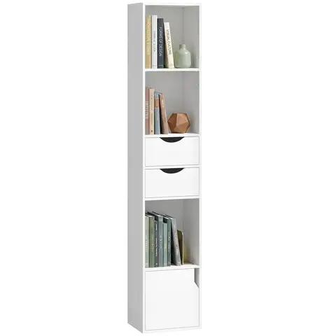 HOMCOM 158 cm Bookcase with Drawers, 3-Tier Bookshelf, Slim Storage Cabinet with Doors, Adjustable Shelf White