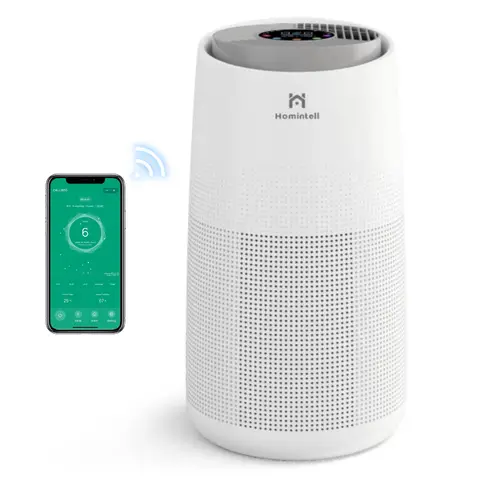 Homintell Slimme luchtreiniger - 300 m³/u CADR, WiFi-bediening, H13 HEPA & actieve koolfilter, UV-sterilisatie en ionisator, 8-uurs timer, ideaal voor 36 m² kamers.