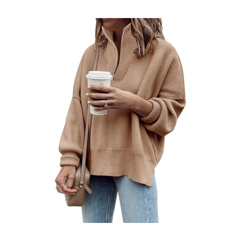 Women's Tunic Sweater Fall Long Sleeve 1/4 Zip Pullover Sweaters Oversized Slouchy Ribbed Knit Sweatshirt with Slit (lightbrown, XL)