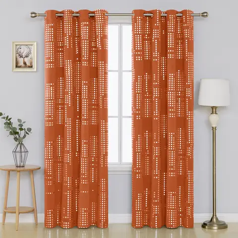 Deconovo Lot de 2 rideaux occultants avec œillets, motif orange à petit carreaux imprimés argentés - 132 x 214 cm
