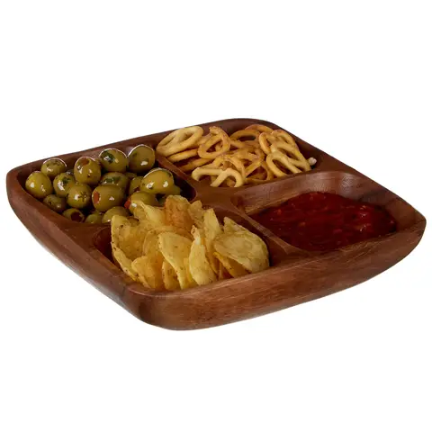 Maison by Premier Practical Acacia Four Section Serving Dish, Decorative Square Hand Carved Design Wooden Serving Dish