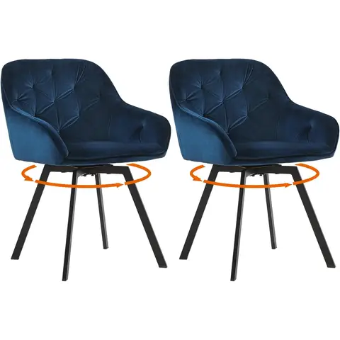 CLIPOP 360° Swivel Dining Chairs Set of 2 Velvet Upholstered Desk Chairs without Wheels Ergonomic Office Chair with Arms and Metal Legs for Home Study 0197 Blue 54.5*46*80 cm