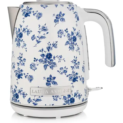 VQ Laura Ashley Retro Jug Kettle, 1.7L, Rapid Boil, Hand-Applied China Rose Print, Vintage, Stainless Steel, Blue Floral - VQSBPKK278LACR
