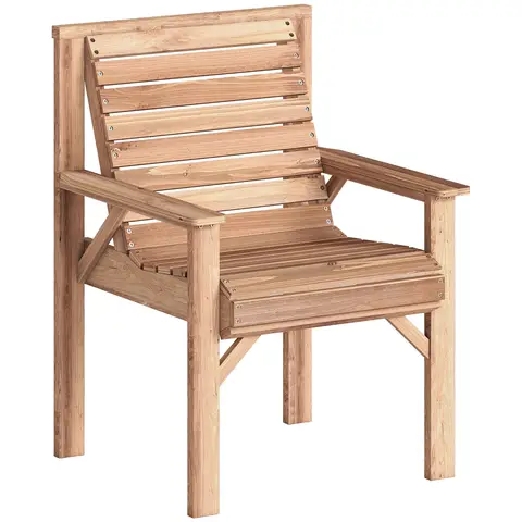 Outsunny Wooden Garden Chair, Solid Wood Garden Dining Chair with Curved Seat and Wide Armrests, Slatted Garden Armchair for Outdoor, Patio, Porch, Balcony, Natural Wood Finish