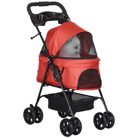 PawHut Dog Pram Dog Stroller Foldable Pet Pushchair with 4 Wheels, Safety Leashes, Cup Holder for Small Dogs Red