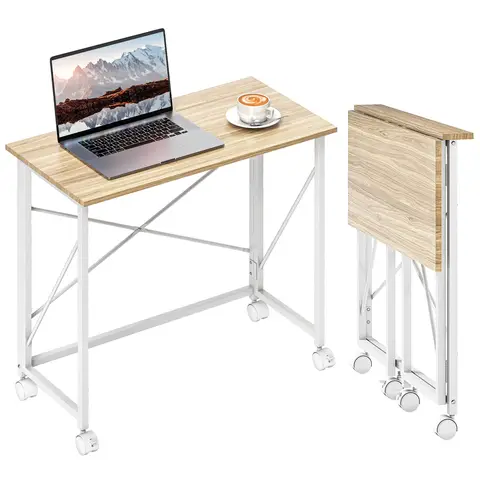 HOMCOM Small Folding Desk, 80 cm Foldable Computer Desk on Wheels for Small Space Space Saving Writing Table Natural Tone