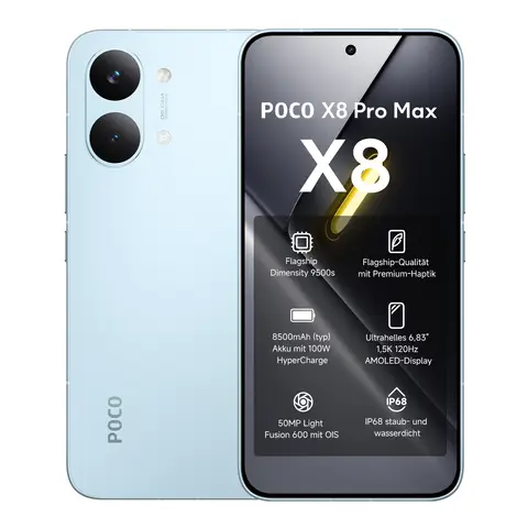 POCO X8 Pro Max Smartphone 12 GB+256 GB, Dimensity 9500-Prozessor, Akku mit 8500 mAh, ultrahelles AMOLED-Display, 50 MP Light Fusion 600-Hauptkamera mit OIS, Blau