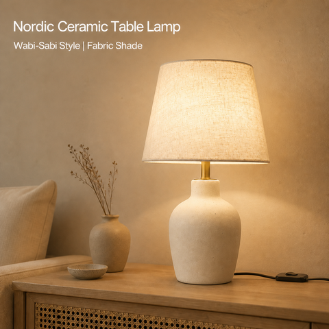 Mohheds Scandinavische keramische tafellamp, knopschakelaar stoffen lampenkap Ins moderne bureaulamp voor slaapkamer woonkamer interieurcadeau